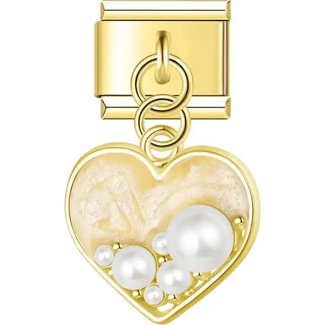 Gold outline heart with yellow enamel and assorted pearls dangle Italian charm bracelet link