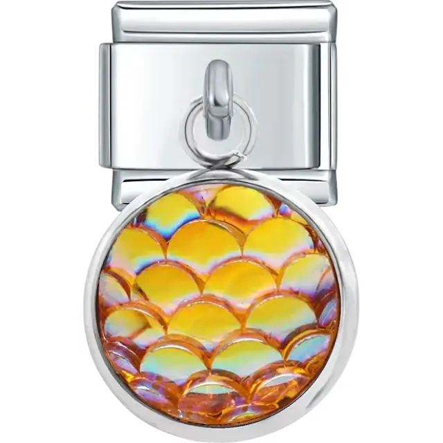Yellow round dangle with iridescent mermaid scale pattern Italian charm bracelet link