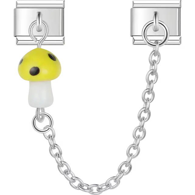 Yellow mushroom with polka dots dangle safety chain Italian charm bracelet link