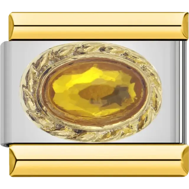 Yellow oval faceted stone with gold braided border Italian charm bracelet link