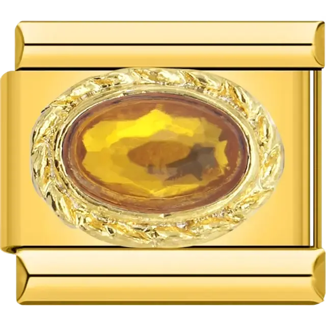 Yellow oval faceted stone with gold braided border Italian charm bracelet link