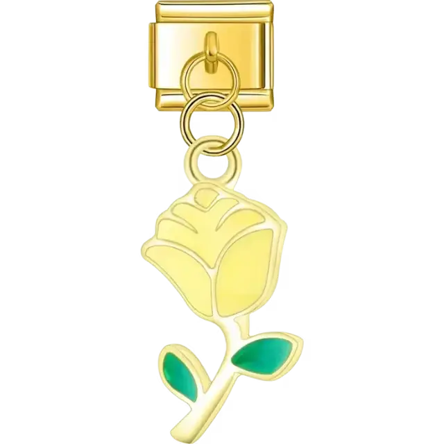 Yellow rose pendant with green leaves and gold outlining Italian charm bracelet link