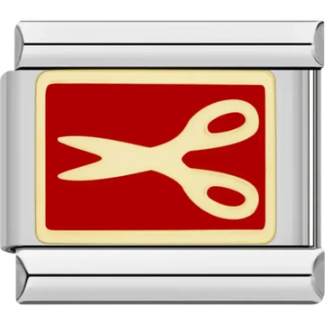 Yellow scissors symbol against a bold red background bordered by a gold-tone accent Italian charm bracelet link