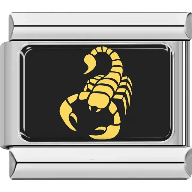 Yellow scorpion with curved tail and pincers on black rectangular background Italian charm bracelet link