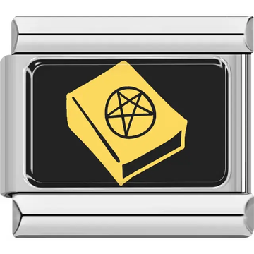 Yellow spellbook with pentagram detail on black rectangular background Italian charm bracelet link