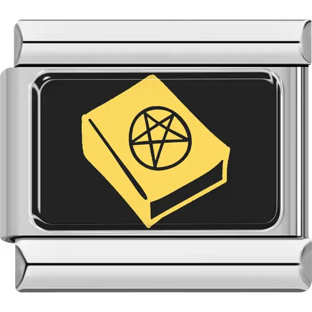 Yellow spellbook with pentagram detail on black rectangular background Italian charm bracelet link