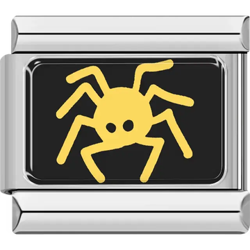 Yellow spider with round body and curved legs on black rectangular background Italian charm bracelet link