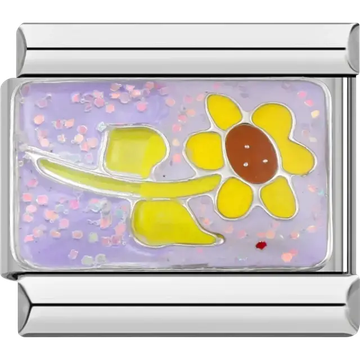 Yellow sunflower with green stem and leaves on a purple background Italian charm bracelet link