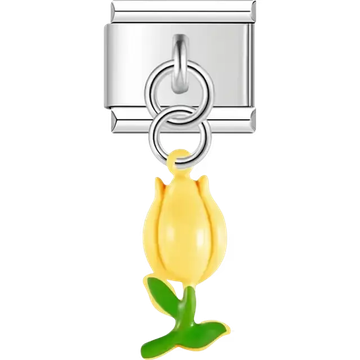 Yellow tulip dangle with green stem and leaves Italian charm bracelet link