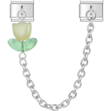 Yellow tulip flower with green leaves connected by a chain Italian charm bracelet link