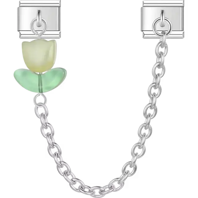 Yellow tulip flower with green leaves connected by a chain Italian charm bracelet link