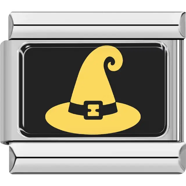 Yellow witch hat with black buckle on black rectangular background Italian charm bracelet link