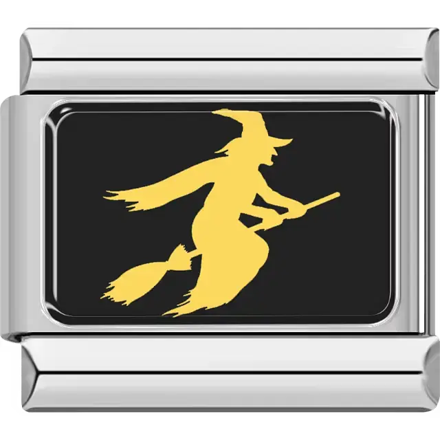 Yellow silhouette of a witch on a broomstick on black rectangular background Italian charm bracelet link