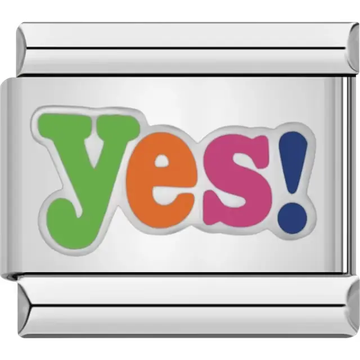 Multicolor "Yes!" text in green, orange, pink, and blue Italian charm bracelet link