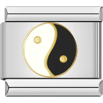 Black and white yin-yang symbol with gold outlines Italian charm bracelet link