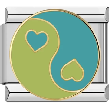 Green and blue yin yang with gold hearts Italian charm bracelet link