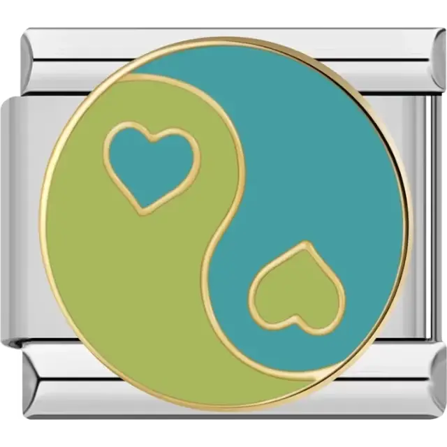 Green and blue yin yang with gold hearts Italian charm bracelet link
