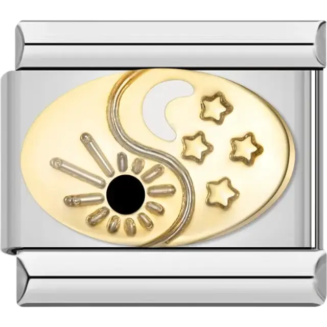 Gold yin yang with black sun crescent moon and stars Italian charm bracelet link