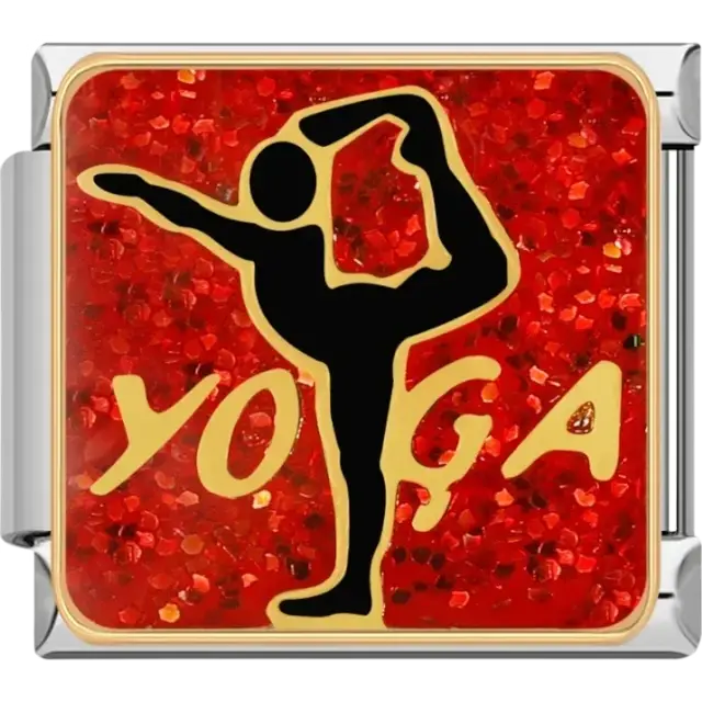 Silhouette yoga pose with “Yoga” text on red background Italian charm bracelet link