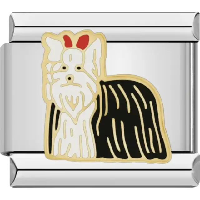 Yorkshire Terrier with a gold outline, black fur, and a red bow Italian charm bracelet link