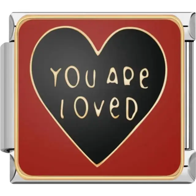 Black heart with “You Are Loved” text in gold on a red background Italian charm bracelet link