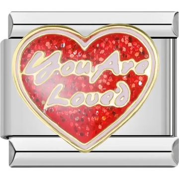 Red glitter heart with “You Are Loved” text Italian charm bracelet link