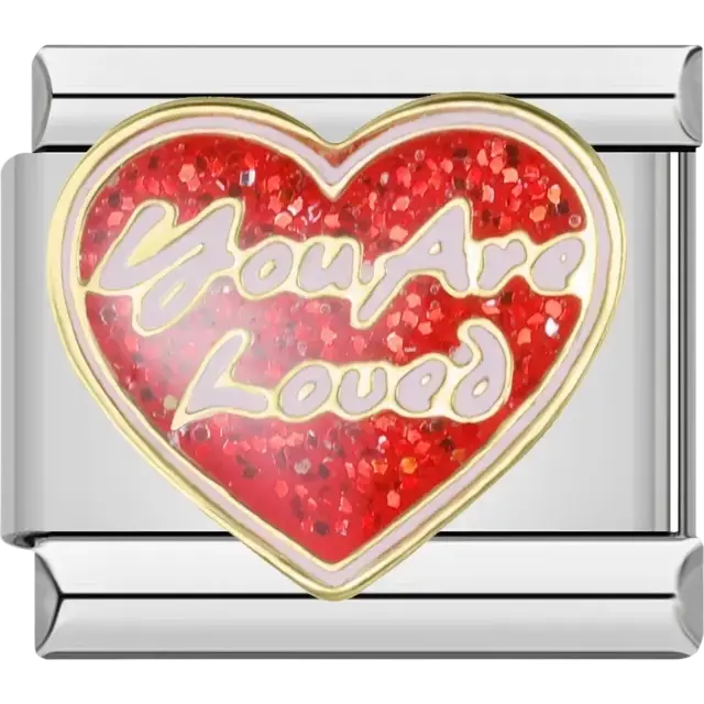 Red glitter heart with “You Are Loved” text Italian charm bracelet link