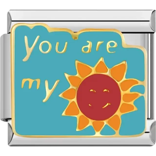 Smiling red sun with gold rays and "You are my" text on a blue background Italian charm bracelet link