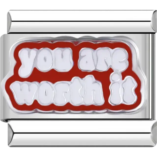 Red charm with white “You Are Worth It” text Italian charm bracelet link