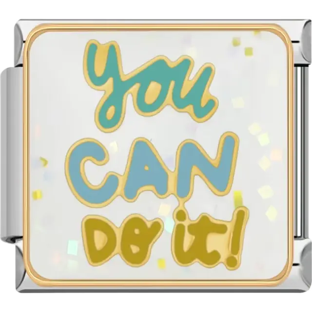 Blue and gold "You Can Do It" text Italian charm bracelet link