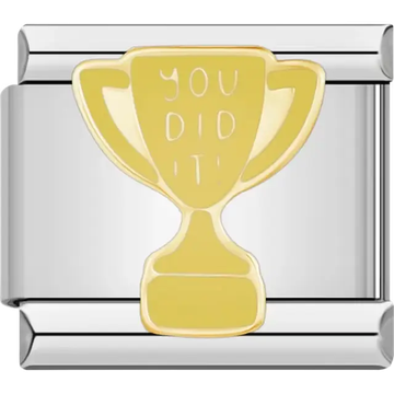 Gold trophy with "YOU DID IT" text engraved Italian charm bracelet link