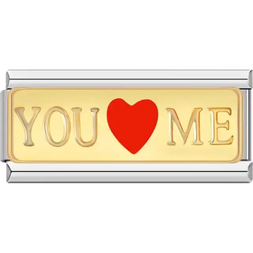 Gold plate with raised "YOU ♥ ME" text and red heart Italian charm bracelet link