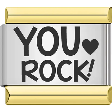 Black text "YOU ROCK!" heart gold trim Italian charm bracelet link