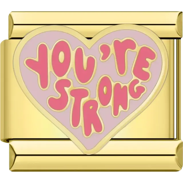 Heart-shaped charm with the text "You're Strong" in pink Italian charm bracelet link
