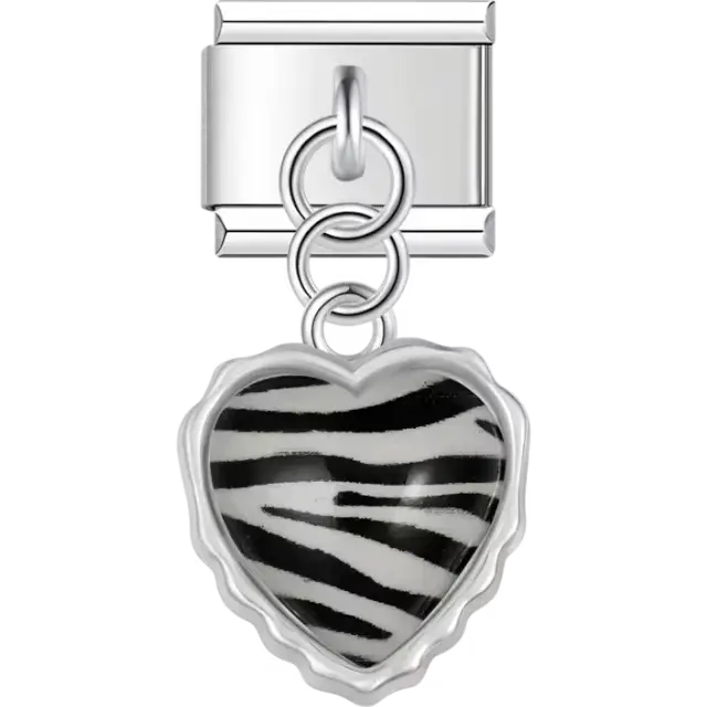 Heart-shaped dangle featuring a black and white zebra stripe pattern with a scalloped edge Italian charm bracelet link