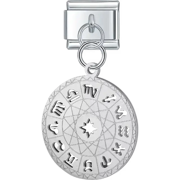 Silver zodiac wheel astrology symbols dangle Italian charm bracelet link