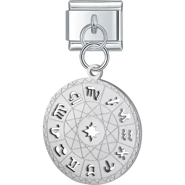 Silver zodiac wheel astrology symbols dangle Italian charm bracelet link